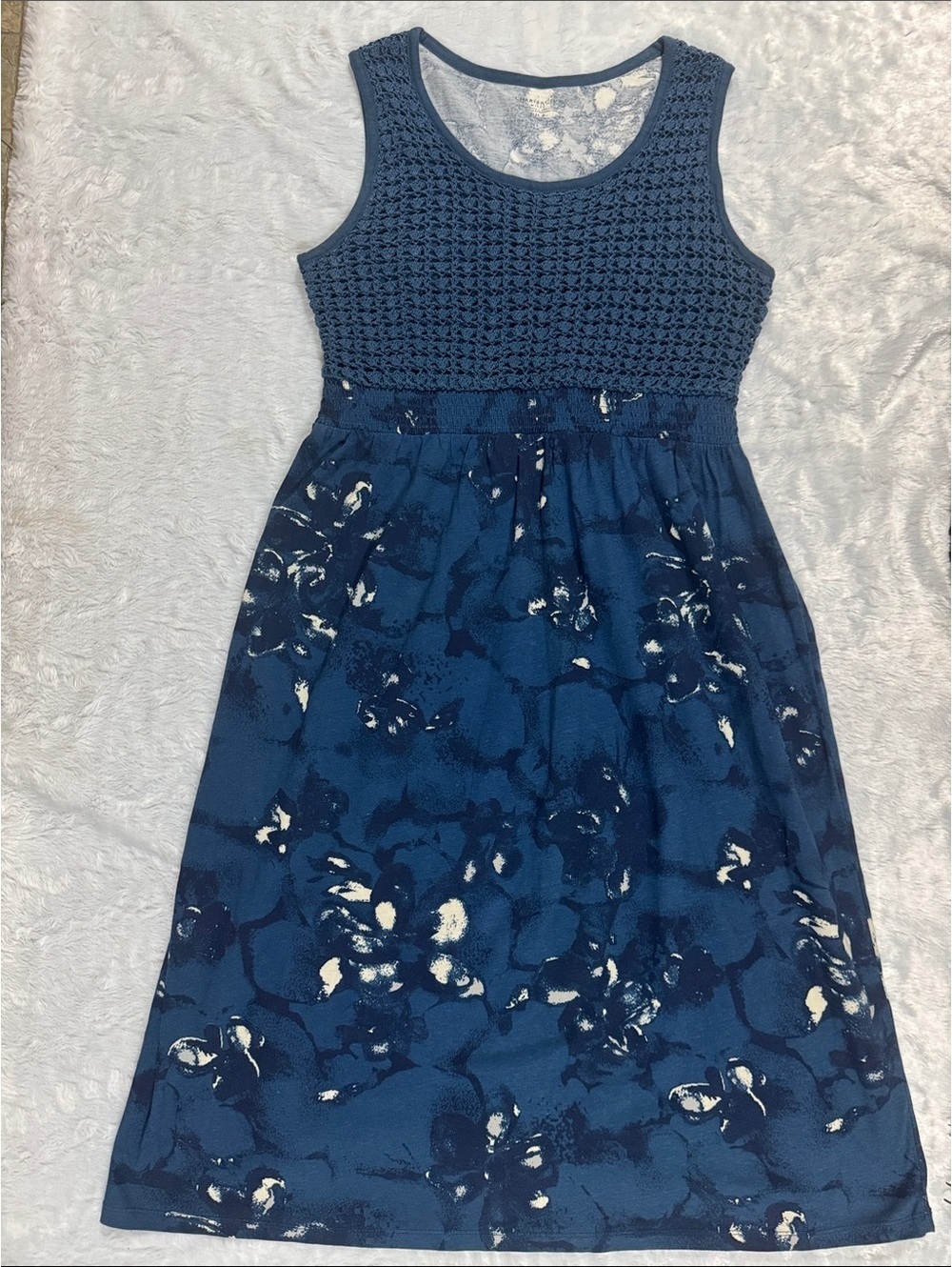 Charter Club Navy Blue Crochet-Top Floral Dress